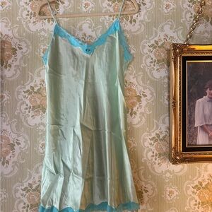 Vintage Inner Most Mint Satin Lace Slip Dress Turquoise Trim Y2K Lingerie M